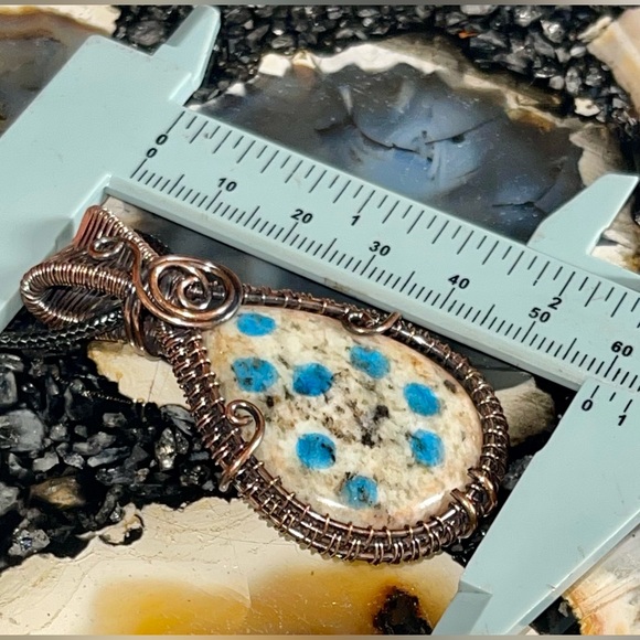 Copper Wire-Wrapped K2 Azurite Jasper Pendant 2 1/4” - Picture 12 of 14